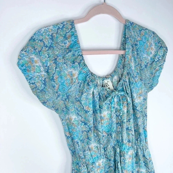 Vintage 70s Prairie Dress Paisley Blue White Tiered Floral Peasant Leo New York - Picture 3 of 11